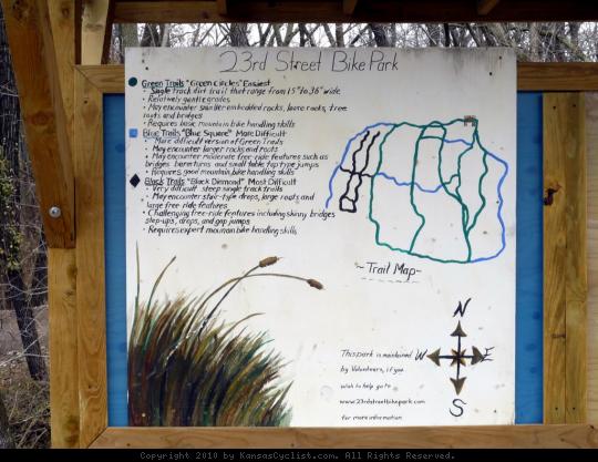 23rd Street Bike Park Map - This sign is part of the informational kiosk at the 23rd Street Bike Park, describing the available trails, ranging from easy to difficult.