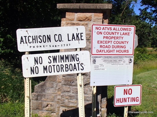 Atchison County Lake - Entrance Sign - The entrance sign for Atchison County Lake provides a few rules and regulations, as well as a phone number to call with questions: 785-548-7727.