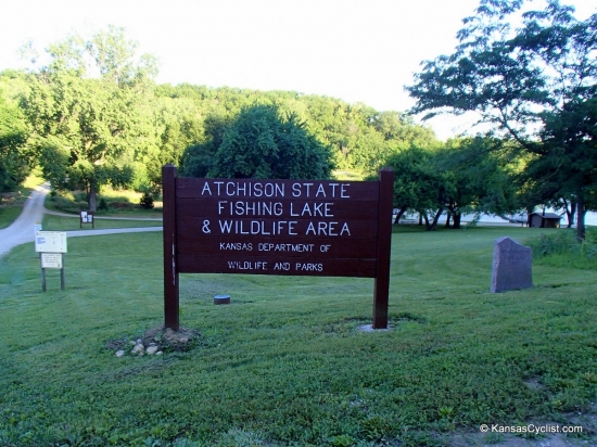 Atchison State Fishing Lake - Entrance Sign - This is the entrance sign for Atchison State Fishing Lake and Wildlife Area. The stone marker on the right reads 