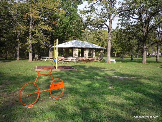 Camp Hunter - Shelter House - Here is a view of the main shelter house at Camp Hunter Park in Humboldt, Kansas. There are nearby picnic tables, grills, electricity, and this handy bike rack!
