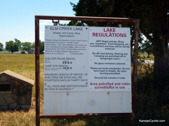 Elm Creek Lake - Entrance Sign - The entrance sign at Elm Creek Lake provides information about facilities at the lake, as well as the rules and regulations governing the property.