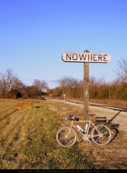 Nowhere, Kansas - Nowhere, KS was originally a stop on the Leavenworth, Lawrence and Fort Gibson railroad, and today the Midland Railway runs on these tracks. As far as I can tell, this is all that's left of the town. So this is a literal picture of 