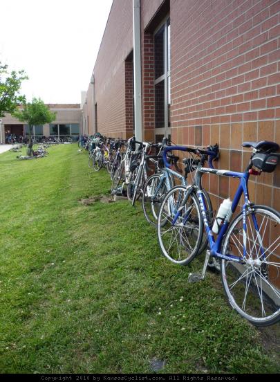 Bicycles Surround School in Eudora, Kansas - Parked bicycles surround a school in Eudora, Kansas during the 2010 Biking Across Kansas tour.