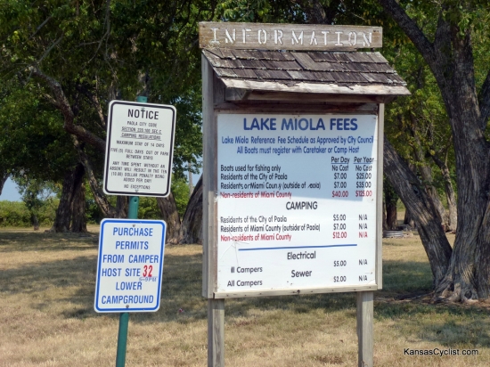 Lake Miola - Entrance Sign - This sign is located at the entrance to the camping area at Lake Miola. It details the camping fees ($12/night for non-residents), and some of the rules and regulations for the campground.