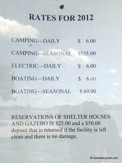 Mission Lake - Rates - This sign lists the rates for Mission Lake in Horton, Kansas. Camping is $6 per day.
