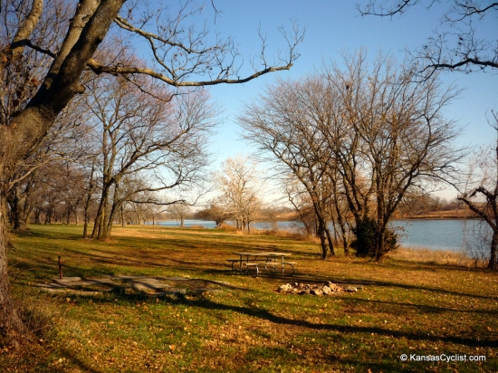 Osage State Fishing Lake - Campsite - This is a typical campsite at Osage State Fishing Lake, with a picnic table and fire ring. All campsites have easy access to the lake, and most offer abundant grass and shade.