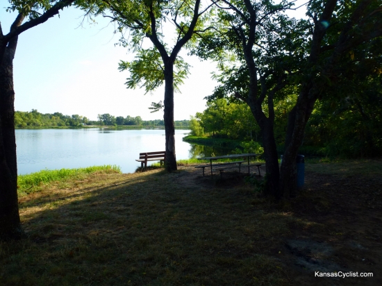 Pleasanton East City Lake - South Shore - This is a typical camping and picnicking area on the southern shore of the lake. Picnic tables, trash cans, and portable toilets (not shown) are provided.