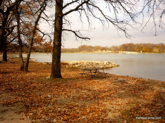Pottawatomie State Fishing Lake No. 2 - Campsite - This is a typical campsite at Pottawatomie State Fishing Lake No. 2, which includes a picnic table, fire ring, shade trees, and easy lake access.