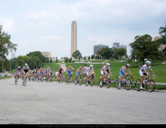 King of the Mountain - The peloton approaching the first King of the Mountain site, near the Liberty Memorial at the Tour of Missouri Circuit Race in Kansas City.