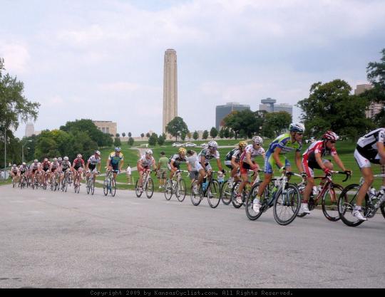 King of the Mountain - This photo shows the peloton approaching the first King of the Mountain site, near the Liberty Memorial, at the Tour of Missouri Circuit Race in Kansas City.